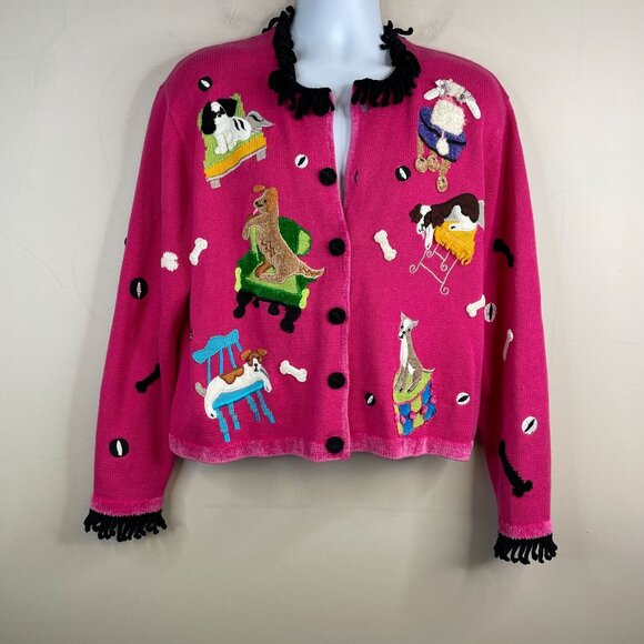 Berek Vintage Womens DOG Embroidered Fringe Cardigan Sweater Size XL Artsy Fun - Picture 1 of 16